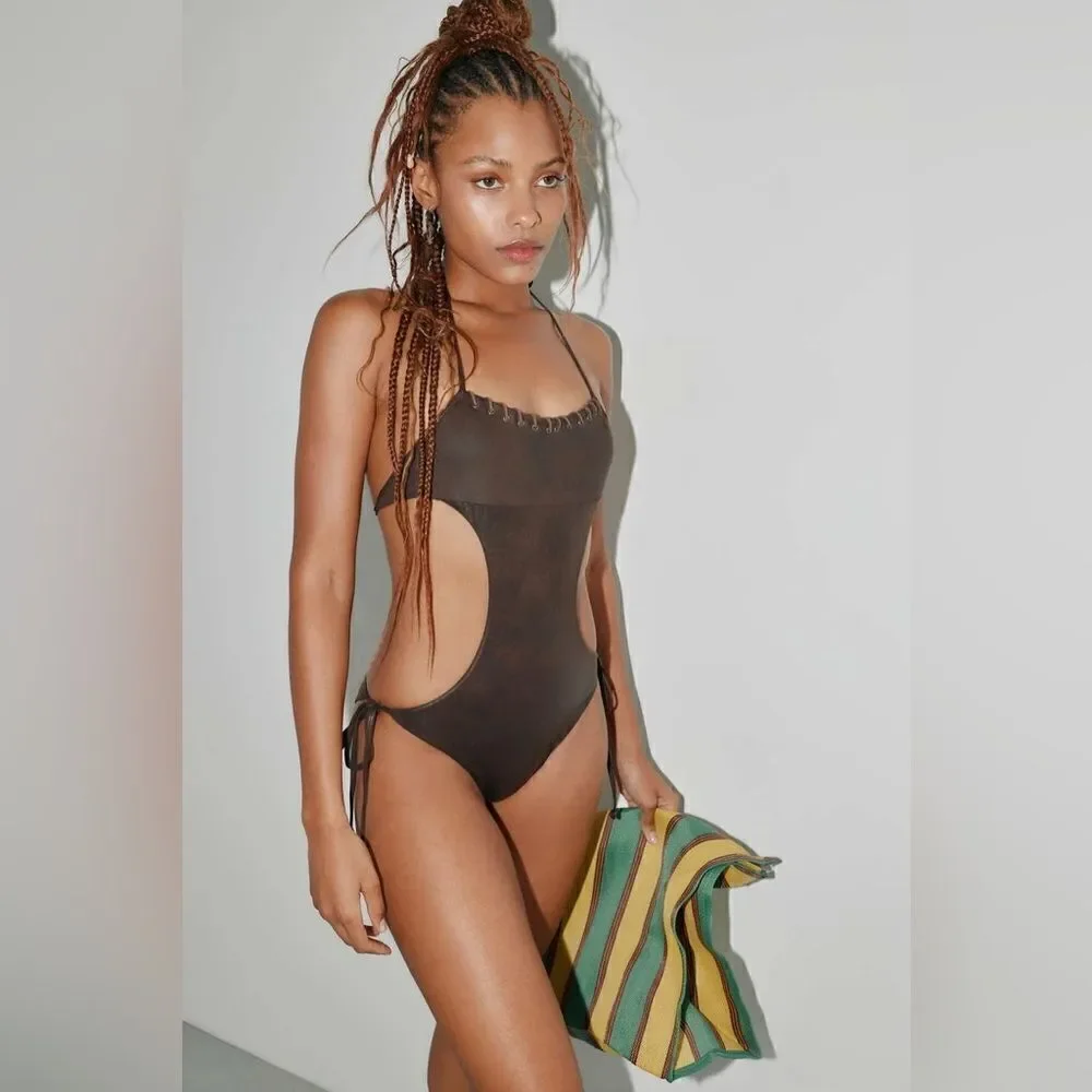Frankie’s Bikinis - CELESTE LEATHER LOOK MONOKINI - SMALL- COCOA